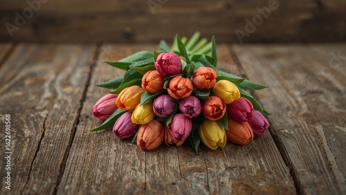 Tulip blossoms scattered over a wooden plank