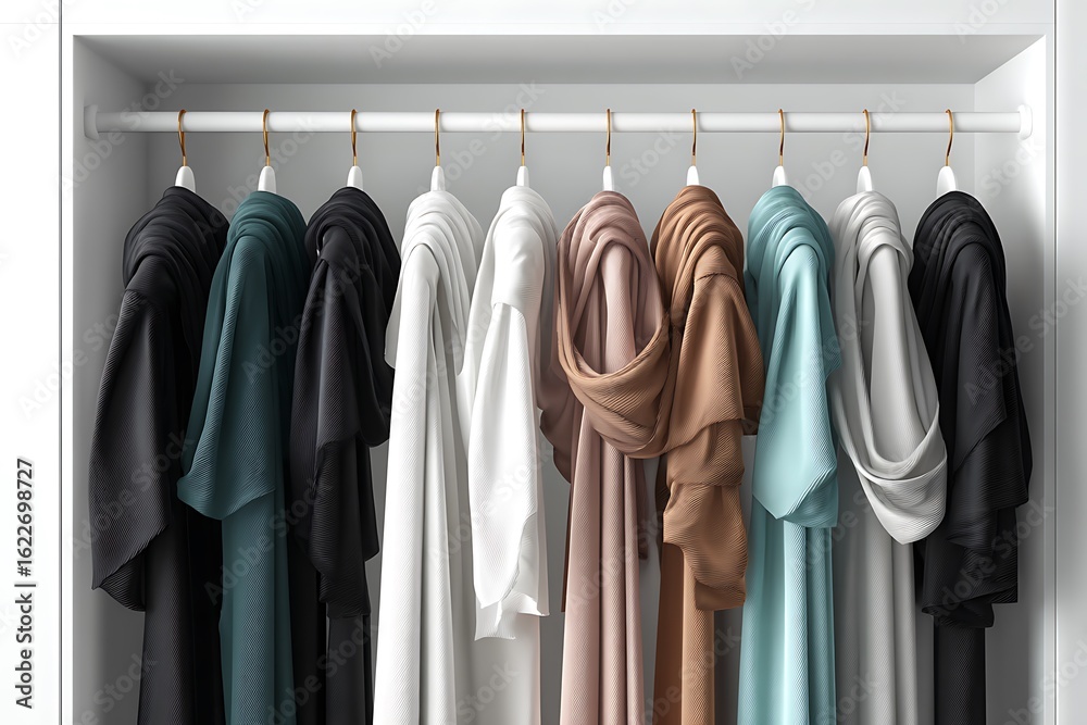 Obraz premium Elegant designer clothing collection hanging in a modern minimalist closet, showcasing stylish apparel options for fashion and retail