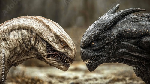 Two monstrous creatures face off in a forest.  A light and dark creature clash in a dramatic confrontation