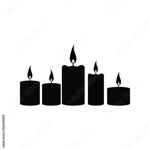 Burning wax candles silhouette vector set, memorial, and celebration light icons