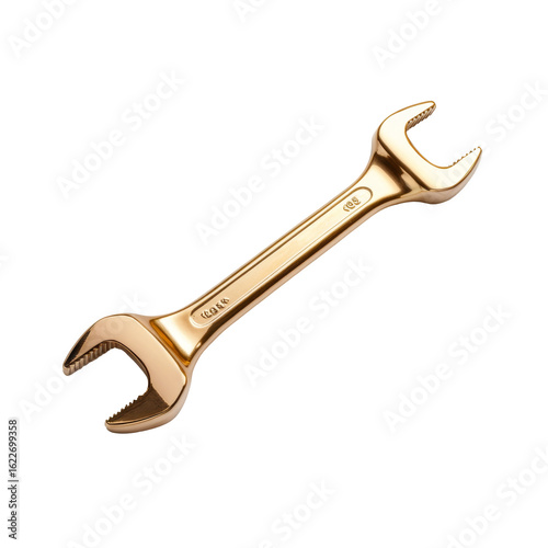 Golden metallic double-ended wrench isolated on black background
