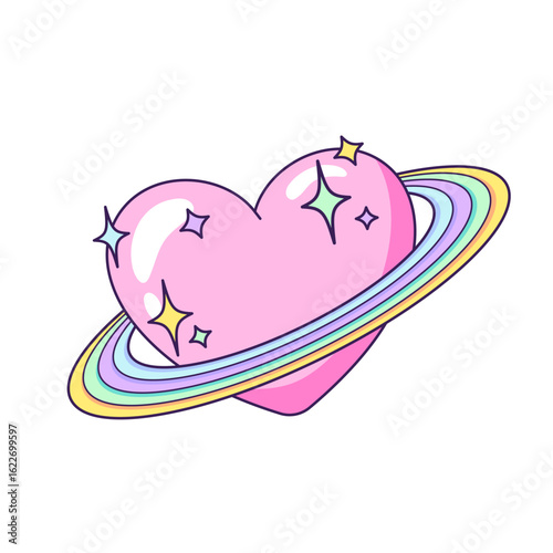 Heart-shaped rainbow planet. Cute cartoon style kawaii drawing, illustration