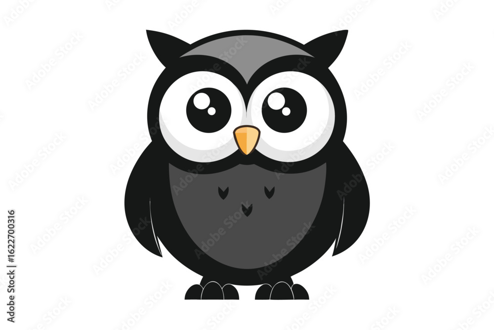 Fototapeta premium Cartoon Owl Illustration Cute Black and Gray Bird with Big Eyes on White Background