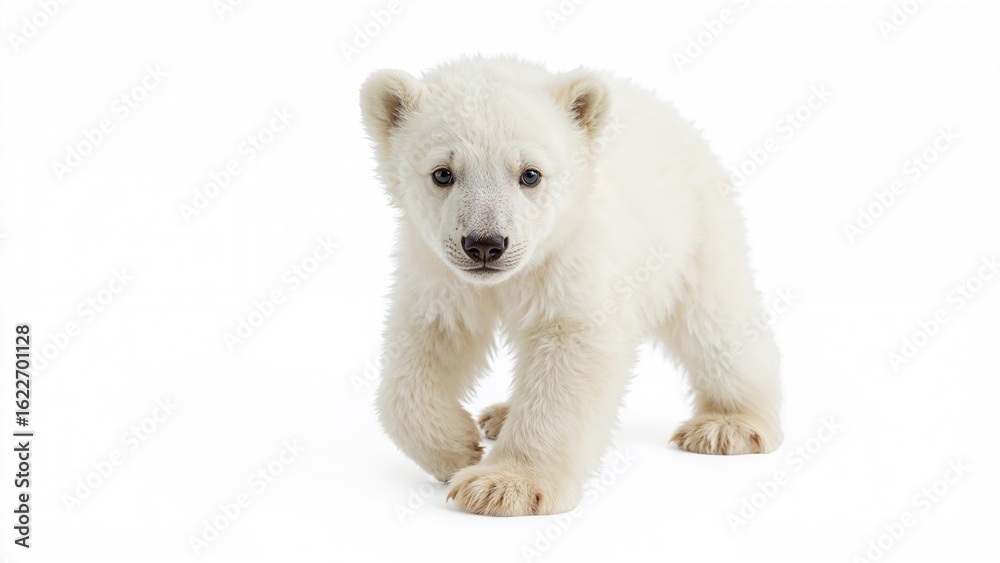 Obraz premium Small polar bear ambulating on a white canvas