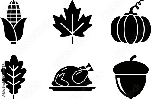 Thanksgiving glyph icon collection, corn, pumpkin, turkey, acorn, and leaf symbols for holiday designs