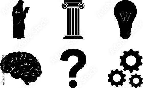 Philosophical and intellectual concept icon set, brain, question mark, gears, and light bulb silhouettes