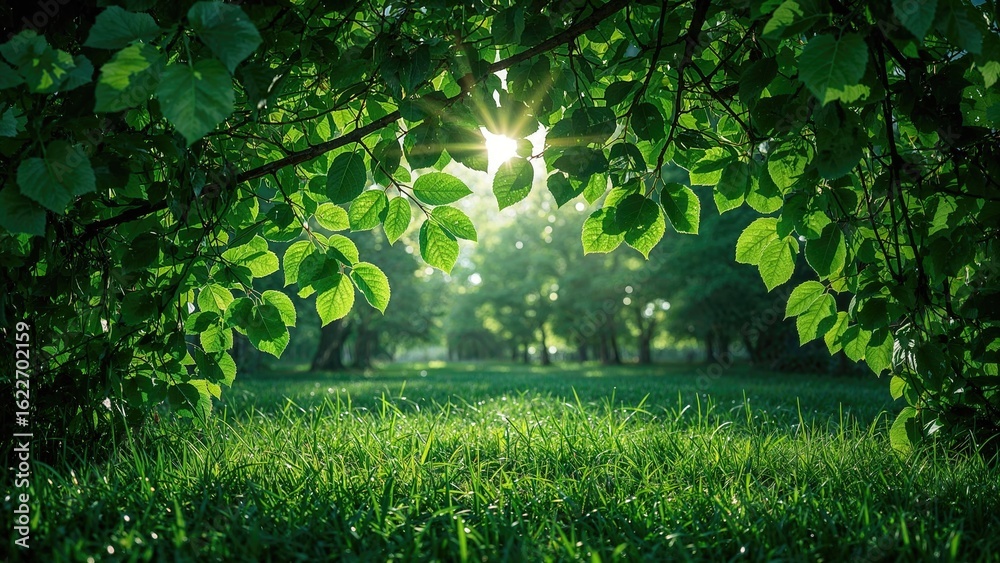 Obraz premium Lush foliage and sunlit grass textures in a mystical forest setting