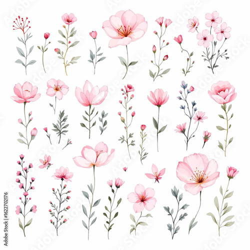 pink flowers background, Watercolor floral clipart set. Blue, pink, violet and yellow wild chamomile, daisy flowers, branches, leaves and twigs.