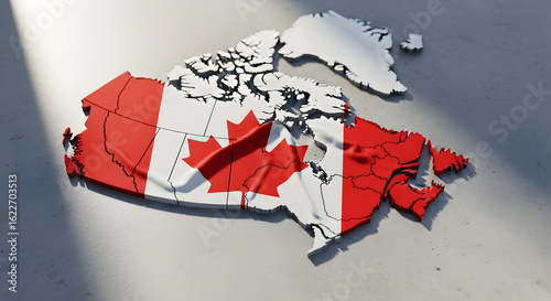 A 3D rendered map of Canada, showcasing the national flag design, on a light-reflective surface.