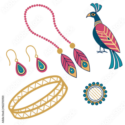 Vibrant collection of handcrafted jewelry including a beaded necklace earrings bracelet and a decorative peacock bird