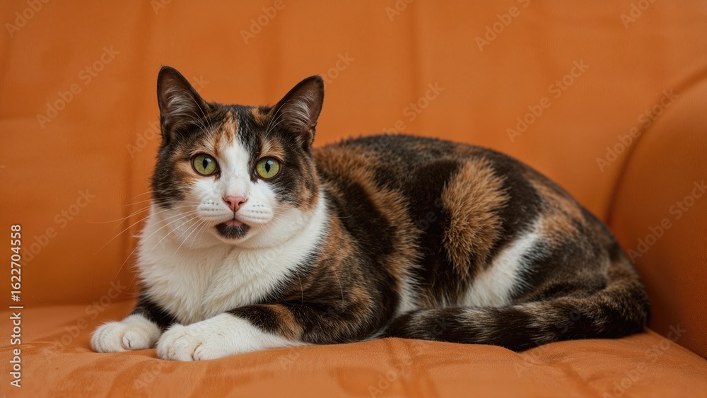 Fototapeta premium Couch scene featuring a tortoiseshell cat with striking green eyes and multicolor hair
