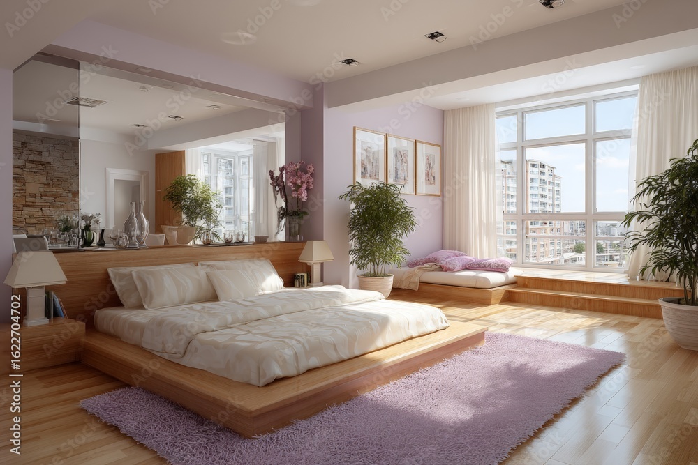 Fototapeta premium Modern bedroom with natural light and minimalist decor in an urban apartment setting