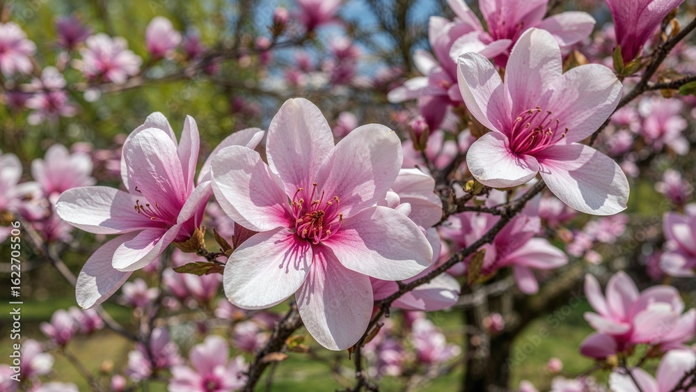 Springtime magnolia flowers blooming on tree limbs Springtime magnolia flowers blooming on tree limbs