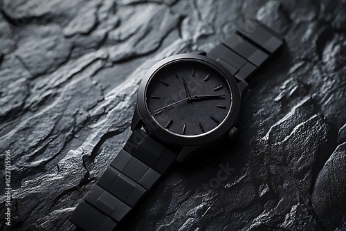 Wallpaper Mural Bold matte black luxury watch for men resting on a textured slate background with soft shadows  Torontodigital.ca