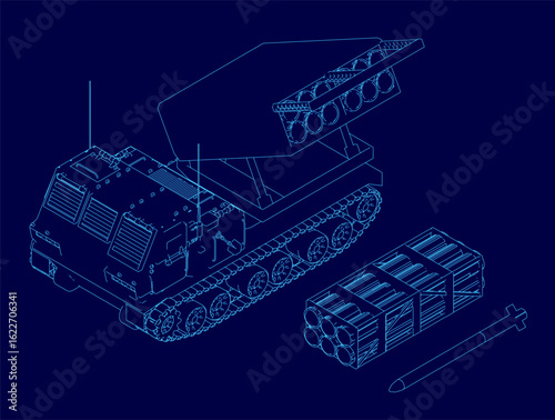 A detailed military tank blueprint features precise contours of the launcher, tracks, and turret on a vibrant blue background. The technical drawing highlights intricate mechanical components.