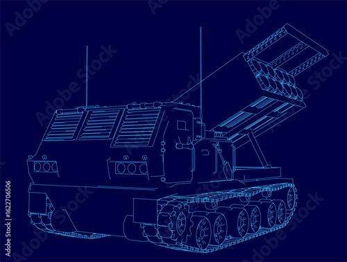 A military tank blueprint features a missile launcher on top, with detailed contour lines and technical specifications. The dark blue background enhances the strategic design.