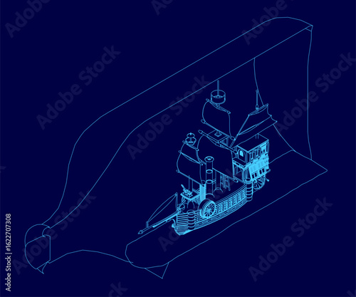 A detailed ship in a bottle rests against a blue background, its sails and hull clearly visible through the glass. The open bottle reveals the ship's intricate contours, with rigging and masts.