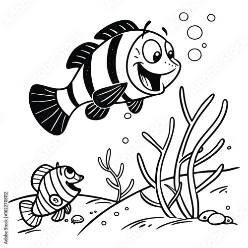 Adorable cartoon black and white fishes swimming underwater with smiling faces and sea plants