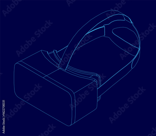 A sleek 3D model of a virtual reality headset with a white contour stands out against a vibrant blue background. The modern design highlights clean lines and futuristic aesthetics.