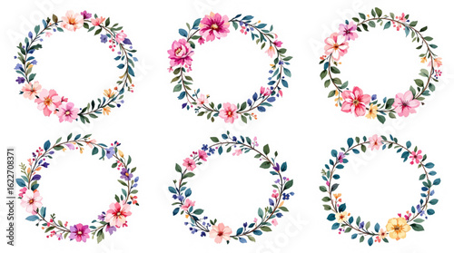 Watercolor, Botanical illustration.Flower arrangements of pink roses, colorful leaves, wild herbs. Set of bouquets, twigs, floral elements, wreath, flowers.