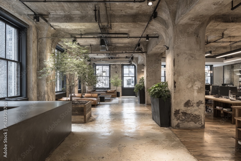 Fototapeta premium Modern office interior with open layout and natural elements in a city environment during daylight hours