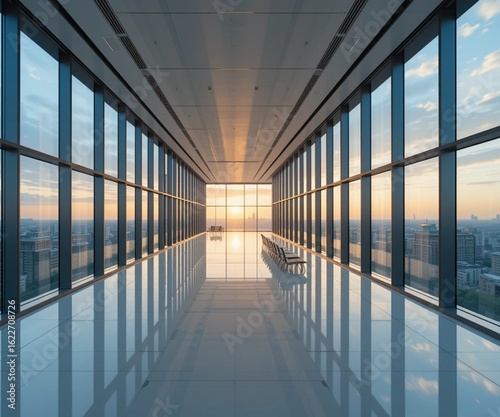 Modern building corridor office interior with city view on the sunset