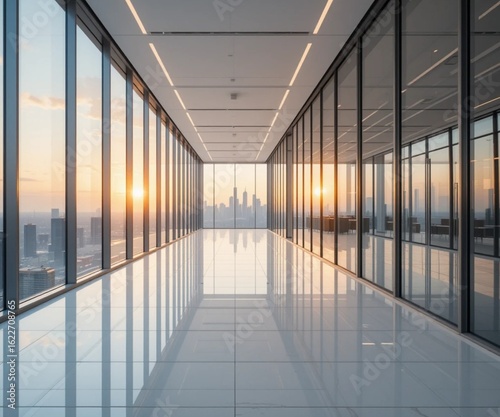 Modern building corridor office interior with city view on the sunset