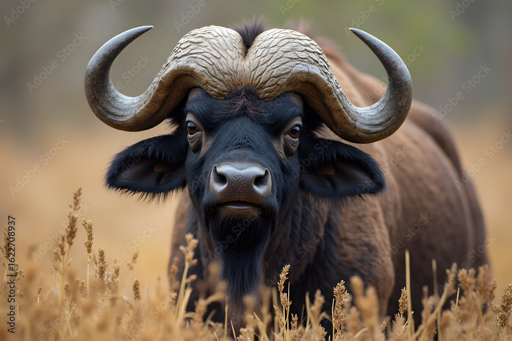 Fototapeta premium Buffalo Standing in Tall Grass Portrait Wildlife Scene
