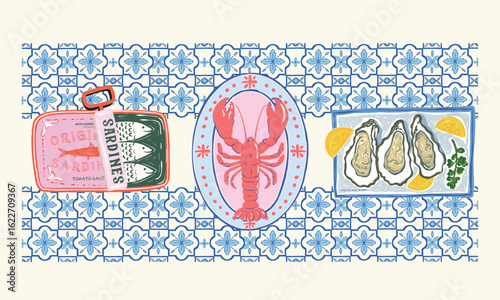 Sardines love club. Oyster club print design. Lemon and Lobster fish artwork for t shirt print.