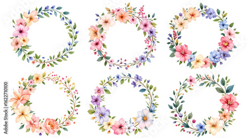 Vector illustration with colorful flowers and green leaves drawn in a delicate botanical style