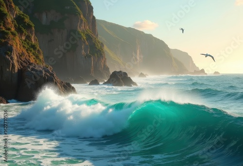 breathtaking cliffs embracing vibrant ocean waves stunning coastal scene dynamic nature beauty, sea, rock, beach, shore, sunset, landscape, spray, sky