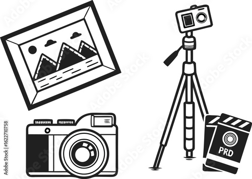 Old professional vintage film camera with a tripod