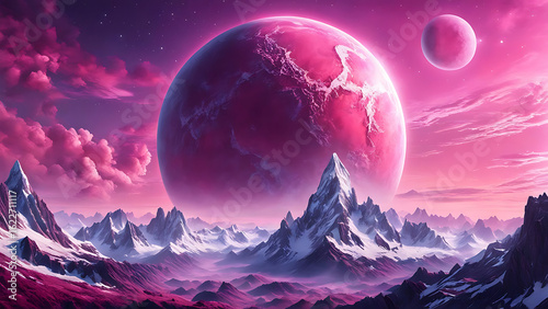 Fantasy planet landscape with a huge pink moon and snow-capped mountains, surreal space art,4k