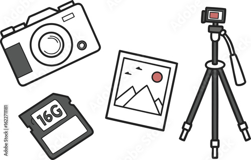 A vector illustration of various camera icons and photography equipment, including vintage film cameras, digital SLRs, and tripods
