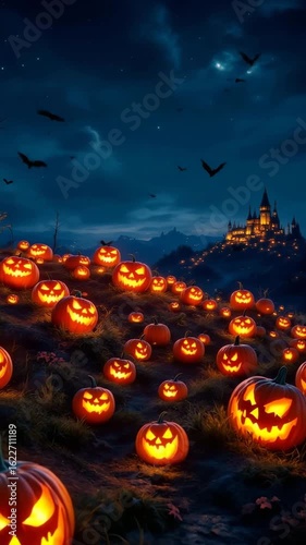 Illuminated carved pumpkins and a spooky castle on halloween night with bats