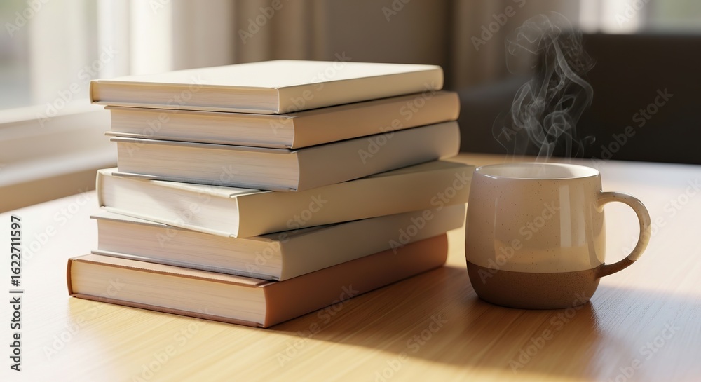 Fototapeta premium Cozy stack of books next to a warm mug on a wooden table