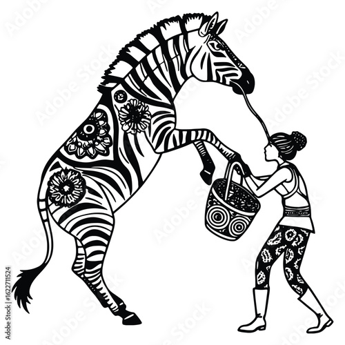Artistic illustration of a zebra rearing up being approached by a woman holding a basket