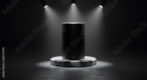Dark cylindrical object on a pedestal illuminated by spotlight beams