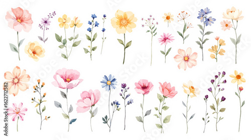 Set of colorful flowers, Seamless pattern with flowers and butterflies, Collection of flowers, Set of watercolor flowers, Clipart watercolor flowers