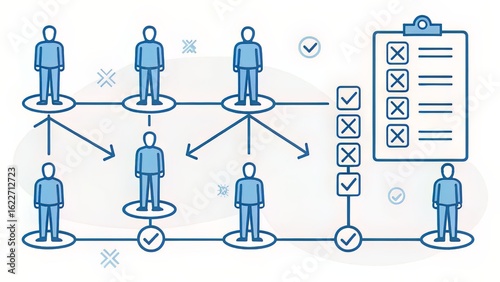 Outlined people structure with workflow nodes, illustrating delegated task flow or team communication.