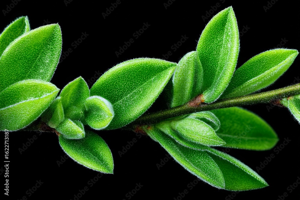 Fototapeta premium Close-up view of vibrant green leaves showcasing intricate texture and color in a dark background setting