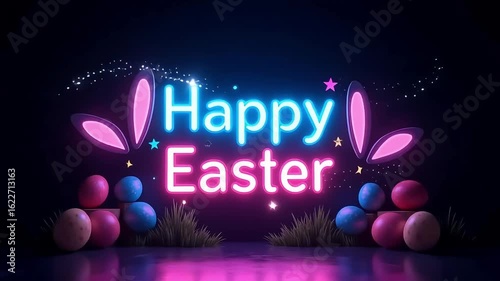 Vibrant Happy Easter celebration with neon lights and colorful eggs, perfect for holiday promotions