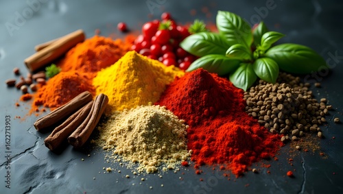 Fototapeta Naklejka Na Ścianę i Meble -  Artistic Spice Composition Vibrant Powders and Fresh Herbs on Dark Background, Flavorful Culinary Palette Piles of Aromatic Spices and Red Berries, Top View, Exotic Seasoning Array Turmeric, Paprika