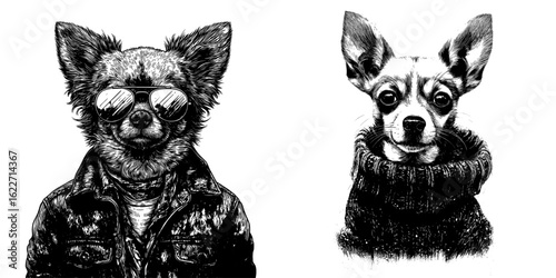 A little brave hipster pet is showcased in this modern illustration of Chihuahua dog art isolated on white