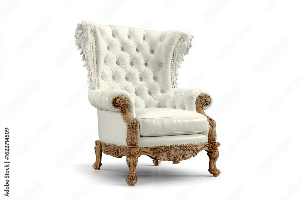 Fototapeta premium Elegant white tufted armchair with ornate wooden accents in a classic design and a luxurious finish