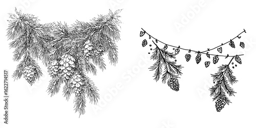 Ink sketch of a simple, hand-drawn modern design, including pine branches and cones, a festive garland, and a banner, typically used for New Year's and Christmas, with conifers and decorations in