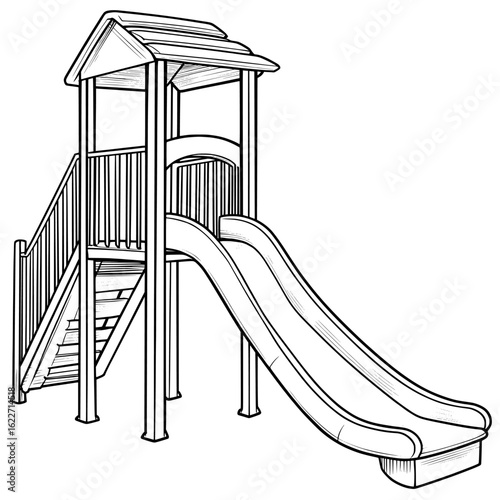 The modern illustration features a long landscape sketch of a playground in black and white graphic