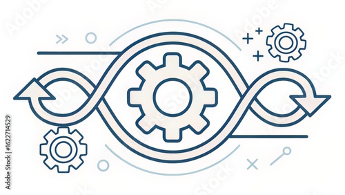 Single-outline gear with abstract swirl, representing seamless system logic and process integration.