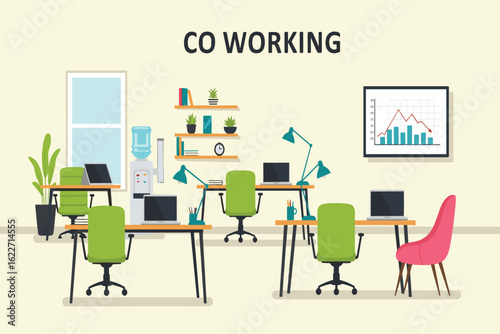 Modern office interior with desks chairs and plants co working laptops