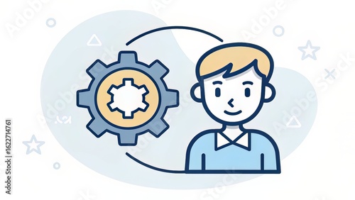 Flat employee icon with cog and user avatar, representing workflow assignment and user-driven automation.